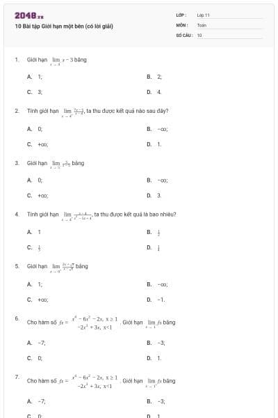 10 Bài tập Giới hạn một bên (có lời giải)
