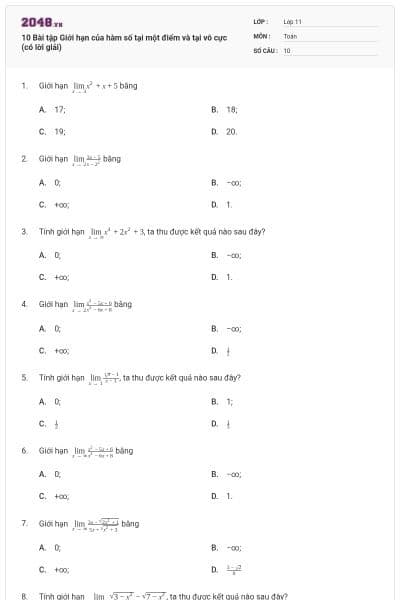 10 Bài tập Giới hạn của hàm số tại một điểm và tại vô cực (có lời giải)