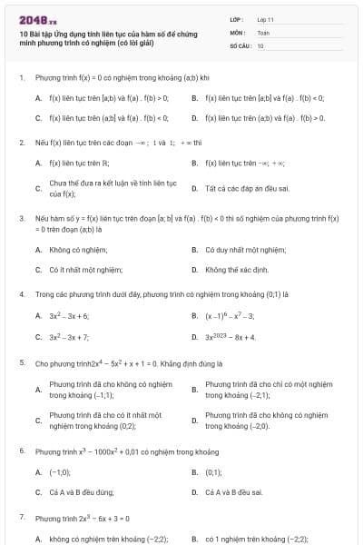 10 Bài tập Ứng dụng tính liên tục của hàm số để chứng minh phương trình có nghiệm (có lời giải)