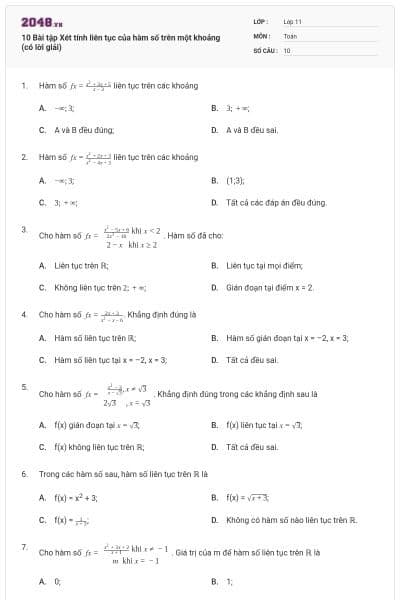 10 Bài tập Xét tính liên tục của hàm số trên một khoảng (có lời giải)