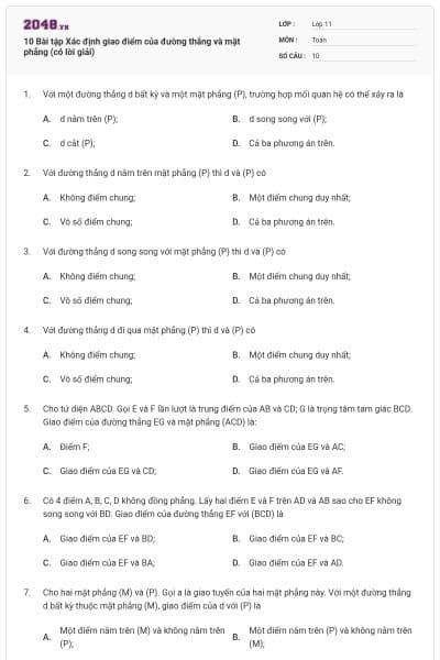 10 Bài tập Xác định giao điểm của đường thẳng và mặt phẳng (có lời giải)