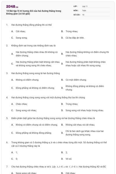 10 Bài tập Vị trí tương đối của hai đường thẳng trong không gian (có lời giải)