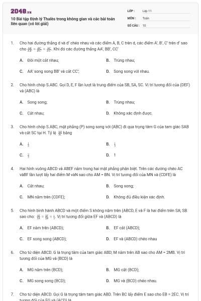 10 Bài tập Định lý Thalès trong không gian và các bài toán liên quan (có lời giải)