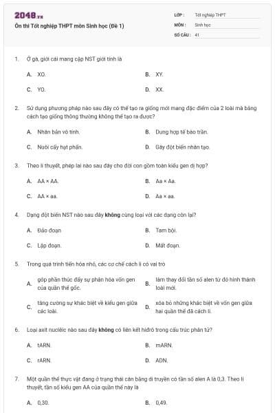 Ôn thi Tốt nghiệp THPT môn Sinh học (Đề 1)