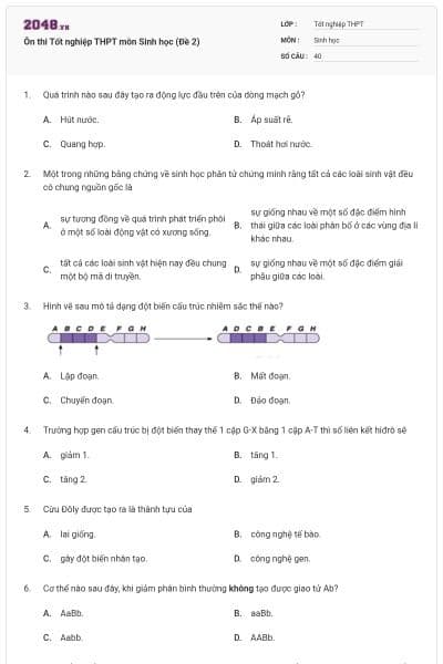 Ôn thi Tốt nghiệp THPT môn Sinh học (Đề 2)