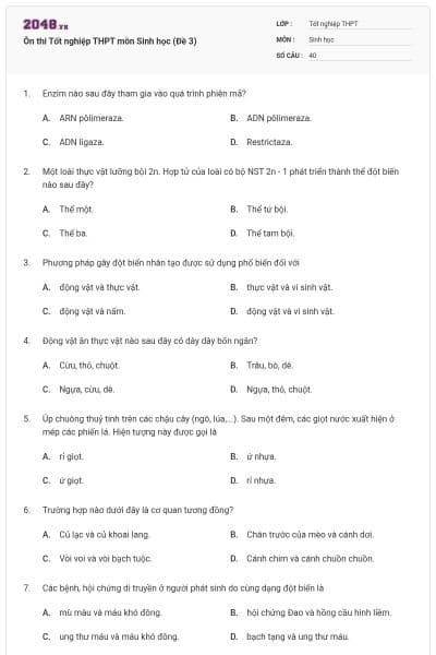 Ôn thi Tốt nghiệp THPT môn Sinh học (Đề 3)