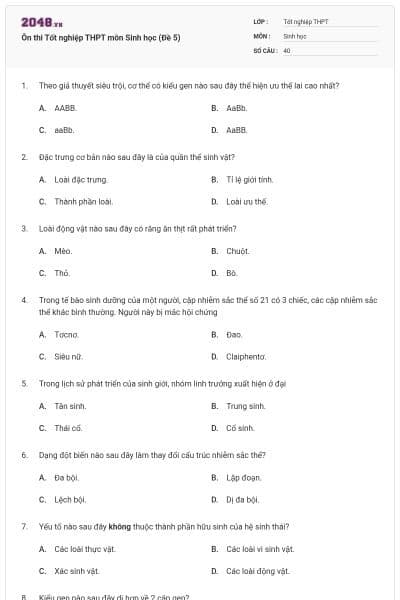 Ôn thi Tốt nghiệp THPT môn Sinh học (Đề 5)