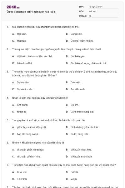 Ôn thi Tốt nghiệp THPT môn Sinh học (Đề 6)