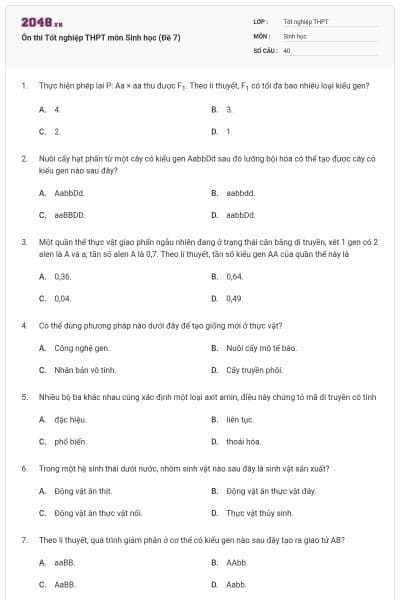 Ôn thi Tốt nghiệp THPT môn Sinh học (Đề 7)