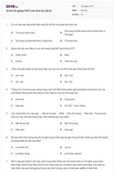 Ôn thi Tốt nghiệp THPT môn Sinh học (Đề 8)