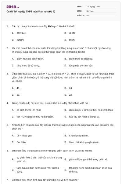 Ôn thi Tốt nghiệp THPT môn Sinh học (Đề 9)