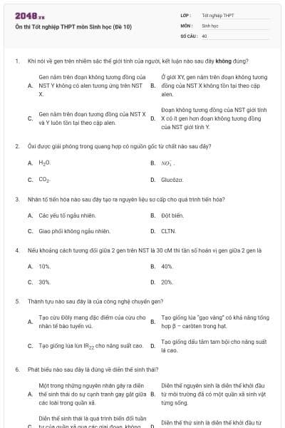 Ôn thi Tốt nghiệp THPT môn Sinh học (Đề 10)