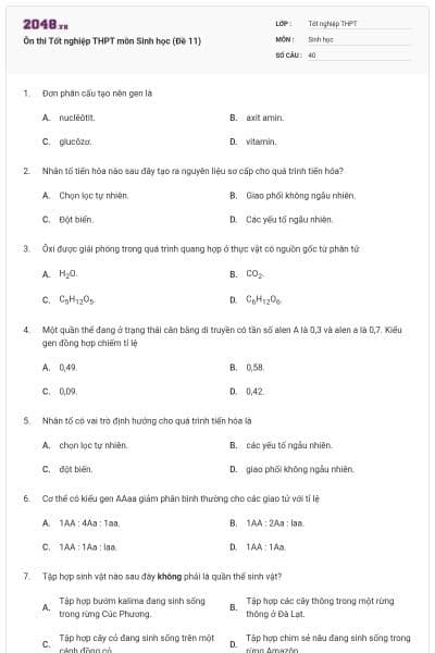 Ôn thi Tốt nghiệp THPT môn Sinh học (Đề 11)