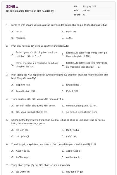 Ôn thi Tốt nghiệp THPT môn Sinh học (Đề 14)