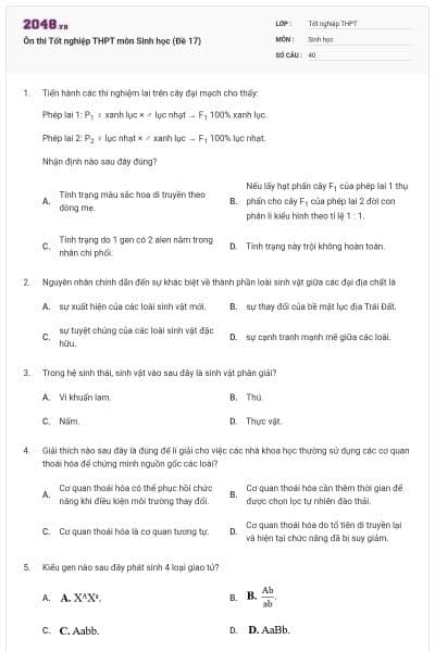 Ôn thi Tốt nghiệp THPT môn Sinh học (Đề 17)