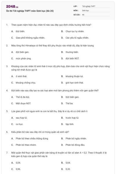 Ôn thi Tốt nghiệp THPT môn Sinh học (Đề 20)