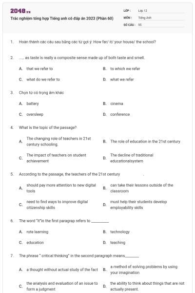 Trắc nghiệm tổng hợp Tiếng anh có đáp án 2023 (Phần 60)