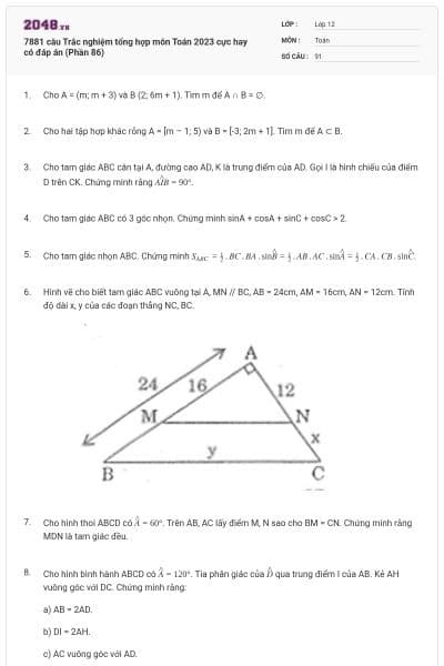 7881 câu Trắc nghiệm tổng hợp môn Toán 2023 cực hay có đáp án (Phần 86)