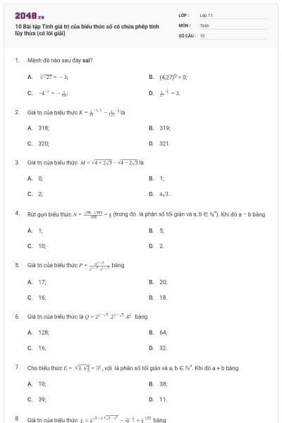10 Bài tập Tính giá trị của biểu thức số có chứa phép tính lũy thừa (có lời giải)