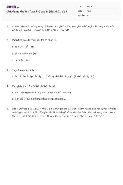 Đề kiểm tra Học kì 1 Toán 8 có đáp án (Mới nhất)_ đề 3