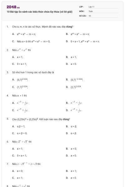 10 Bài tập So sánh các biểu thức chứa lũy thừa (có lời giải)