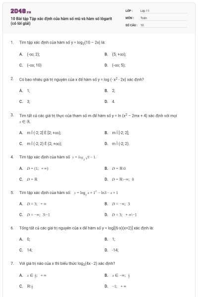 10 Bài tập Tập xác định của hàm số mũ và hàm số lôgarit (có lời giải)