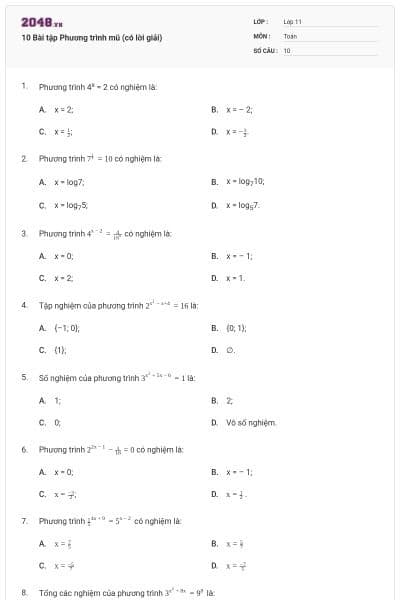 10 Bài tập Phương trình mũ (có lời giải)