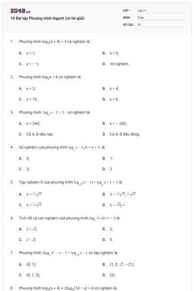 10 Bài tập Phương trình lôgarit (có lời giải)