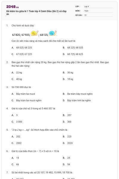 Đề kiểm tra giữa kì 1 Toán lớp 4 Cánh Diều (Đề 2) có đáp án