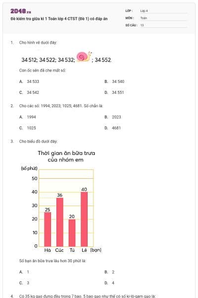 Đề kiểm tra giữa kì 1 Toán lớp 4 CTST (Đề 1) có đáp án