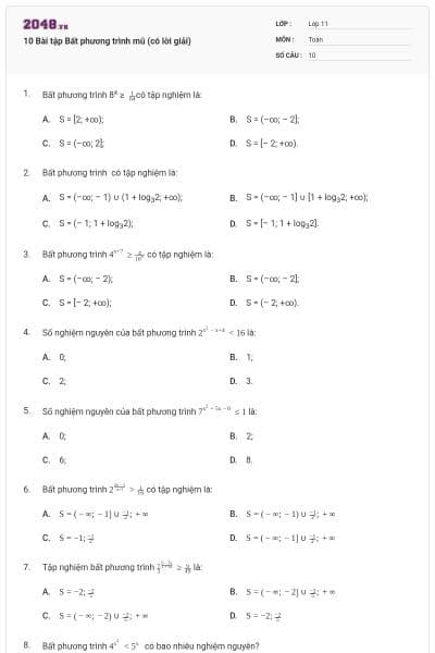 10 Bài tập Bất phương trình mũ (có lời giải)