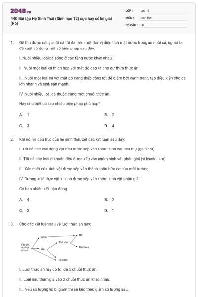 440 Bài tập Hệ Sinh Thái (Sinh học 12) cực hay có lời giải (P6)