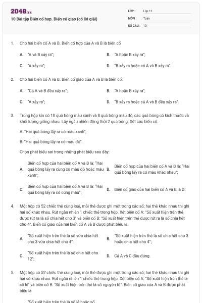 10 Bài tập Biến cố hợp. Biến cố giao (có lời giải)