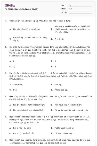 10 Bài tập Biến cố độc lập (có lời giải)