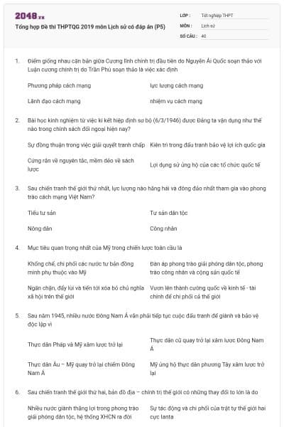 Tổng hợp Đề thi THPTQG 2019 môn Lịch sử có đáp án (P5)