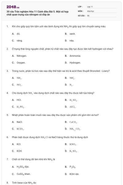 30 câu Trắc nghiệm Hóa 11 Cánh diều Bài 5. Một số hợp chất quan trọng của nitrogen có đáp án