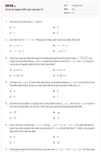 Ôn thi Tốt nghiệp THPT môn Toán (Đề 17)