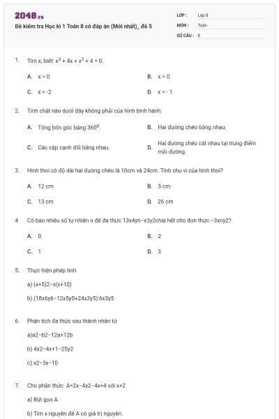 Đề kiểm tra Học kì 1 Toán 8 có đáp án (Mới nhất)_ đề 5