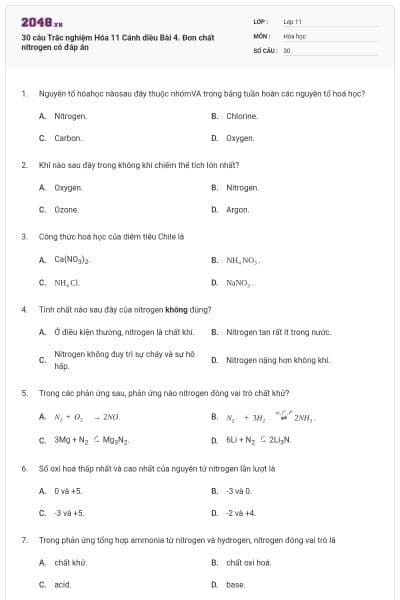 30 câu Trắc nghiệm Hóa 11 Cánh diều Bài 4. Đơn chất nitrogen có đáp án