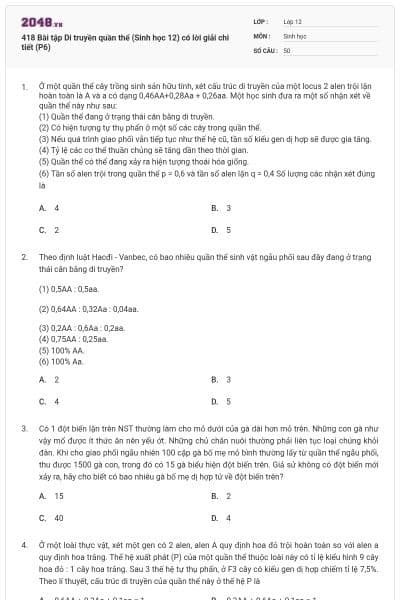 418 Bài tập Di truyền quần thể (Sinh học 12) có lời giải chi tiết (P6)