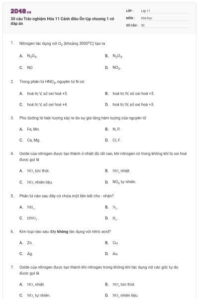 30 câu Trắc nghiệm Hóa 11 Cánh diều Ôn tập chương 1 có đáp án
