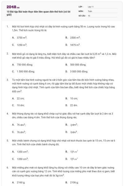 10 Bài tập Bài toán thực tiễn liên quan đến thể tích (có lời giải)