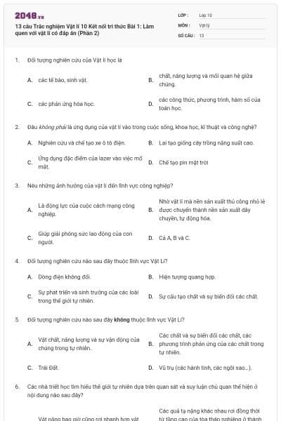 13 câu Trắc nghiệm Vật lí 10 Kết nối tri thức Bài 1: Làm quen với vật lí có đáp án (Phần 2)