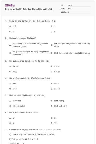 Đề kiểm tra Học kì 1 Toán 8 có đáp án (Mới nhất)_ đề 6