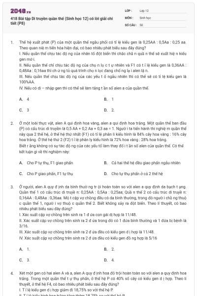 418 Bài tập Di truyền quần thể (Sinh học 12) có lời giải chi tiết (P8)