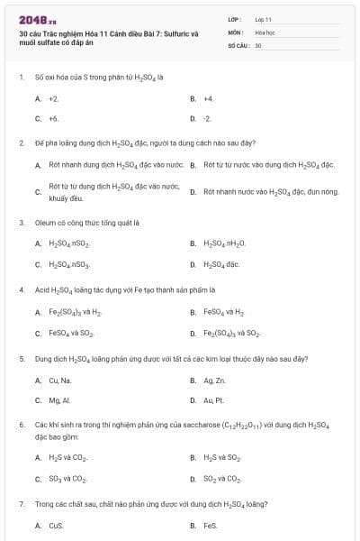 30 câu Trắc nghiệm Hóa 11 Cánh diều Bài 7: Sulfuric và muối sulfate có đáp án