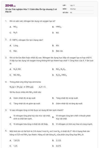 30 câu Trắc nghiệm Hóa 11 Cánh diều Ôn tập chương 2 có đáp án