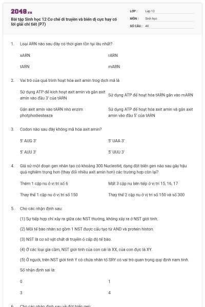 Bài tập Sinh học 12 Cơ chế di truyền và biến dị cực hay có lời giải chi tiết (P7)