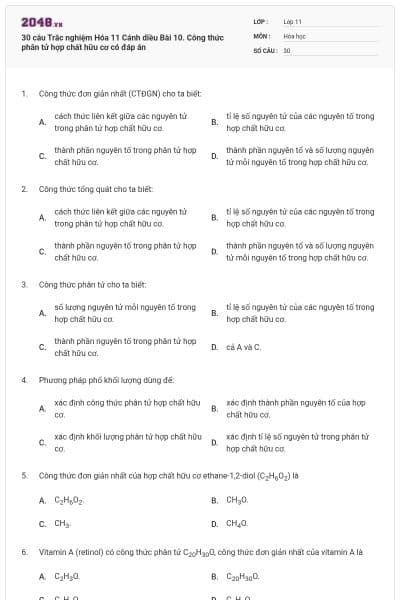 30 câu Trắc nghiệm Hóa 11 Cánh diều Bài 10. Công thức phân tử hợp chất hữu cơ có đáp án
