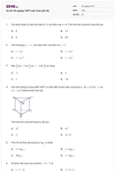 Ôn thi Tốt nghiệp THPT môn Toán (Đề 20)